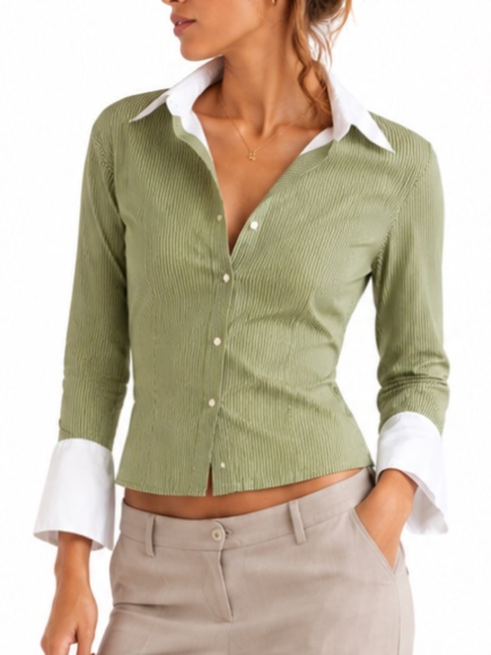 Y2K Green striped button up shirt with white collar and 3/4 sleeves